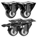 FactorDuty 4 Pack Combo 2 inch Caster Wheels 2 Rigid Non Swivel Fixed Stationery & 2 With Brake Swivel Plate All Black Polyurethane Wheels Non Marking No Noise 150LB Per Wheel