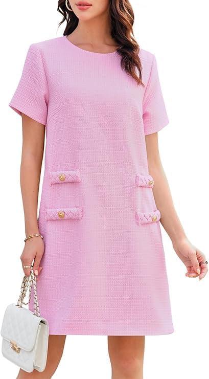 Wenrine Women's Tweed Mini Dress Crew Neck Work Office Elagant Formal Summer Short Sleeve A Line Dresses Pink