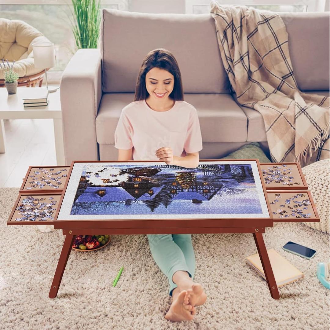Puzzle Board 1500 Pieces,34.3x 26.5 Jigsaw Puzzle Table with 4 Drawers and Cover,Portable Board GameTable with Folding Legs for Adults and Teens(Walnut Color)