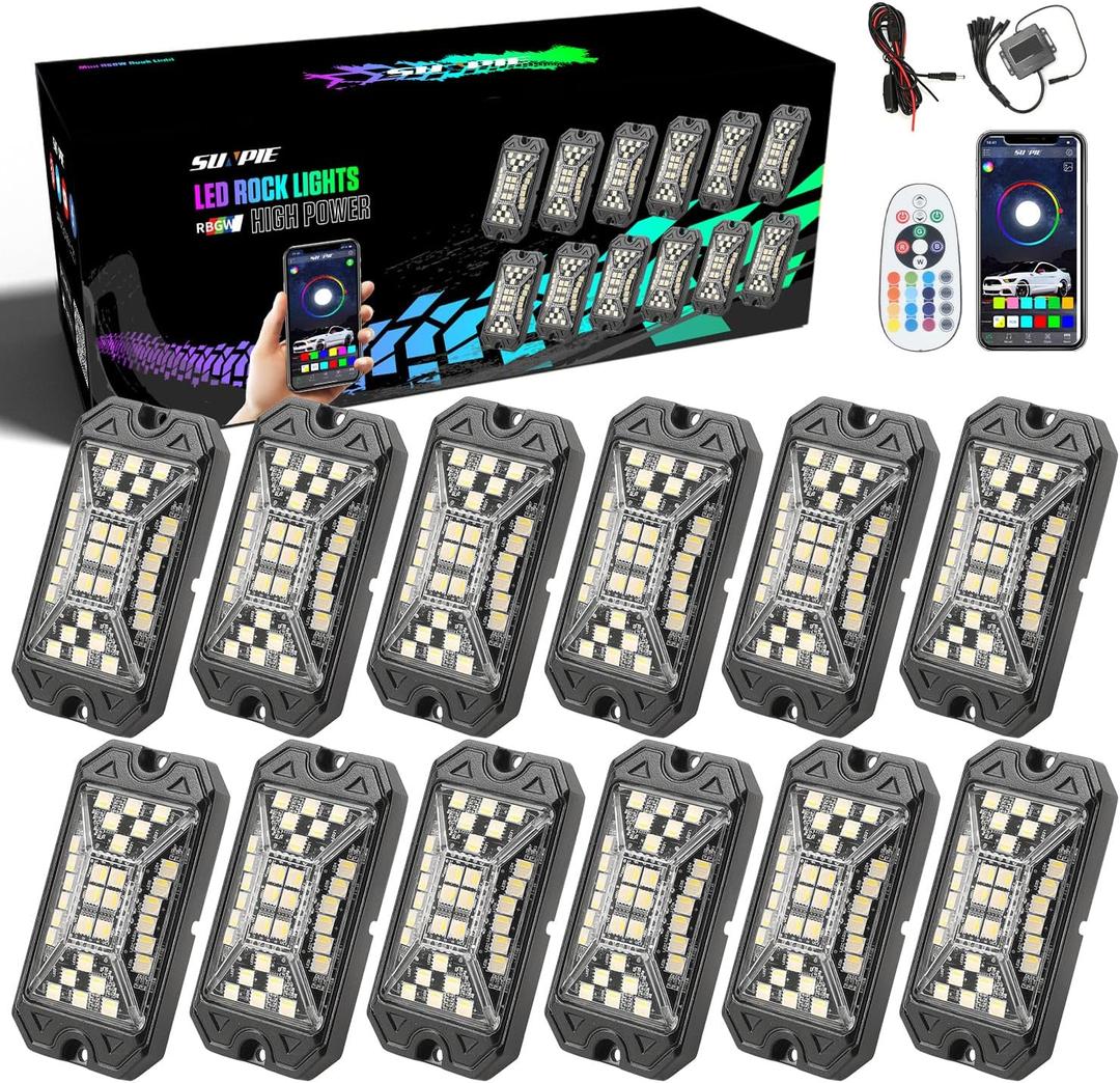 SUNPIE 12 Pods RGBW Rock Lights  Full Beam Angle, 30 High Power Chips, Aluminium Housing, Mounting Pads Included, IP67 Waterproof, Music Mode Underglow Lights, Fits Trucks, SUV, ATV, UTV, Boats