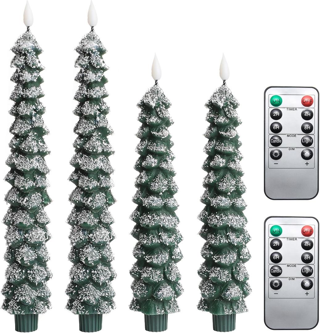 4 Pcs Flameless Taper Candles, Christmas Tree Candles with Remote, Battery Operated Candlesticks, Flickering LED Window Candlelights Real Wax Christmas Candlesticks H9.45,11.4Green