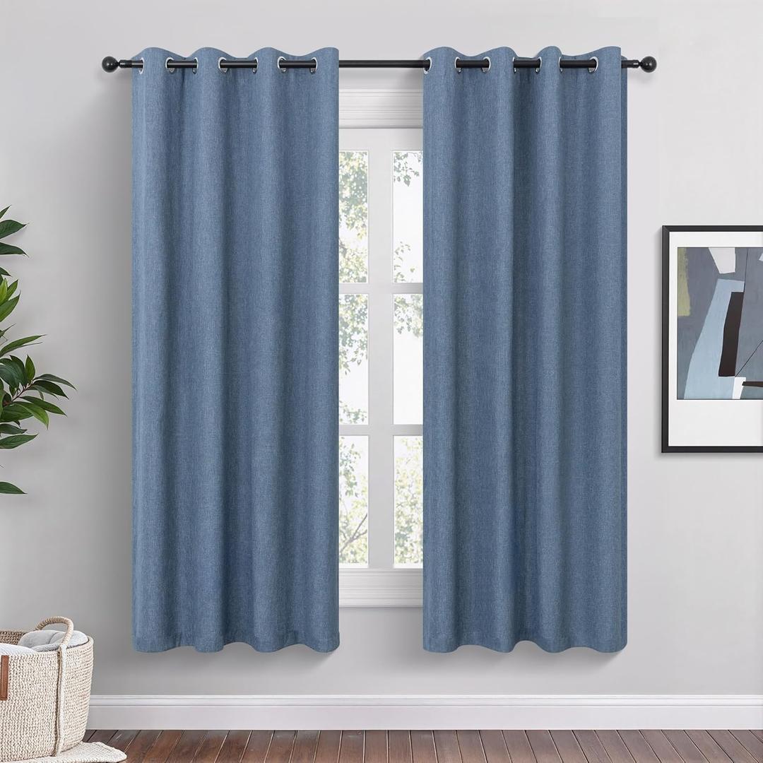 Blue Linen Blackout Curtains 63 Inch Length 2 Panels Set for Bedroom Living Room Grommet 100% Black Out Linen Drapes Room Darkening Window Curtains 63 Inches Long Stone Blue