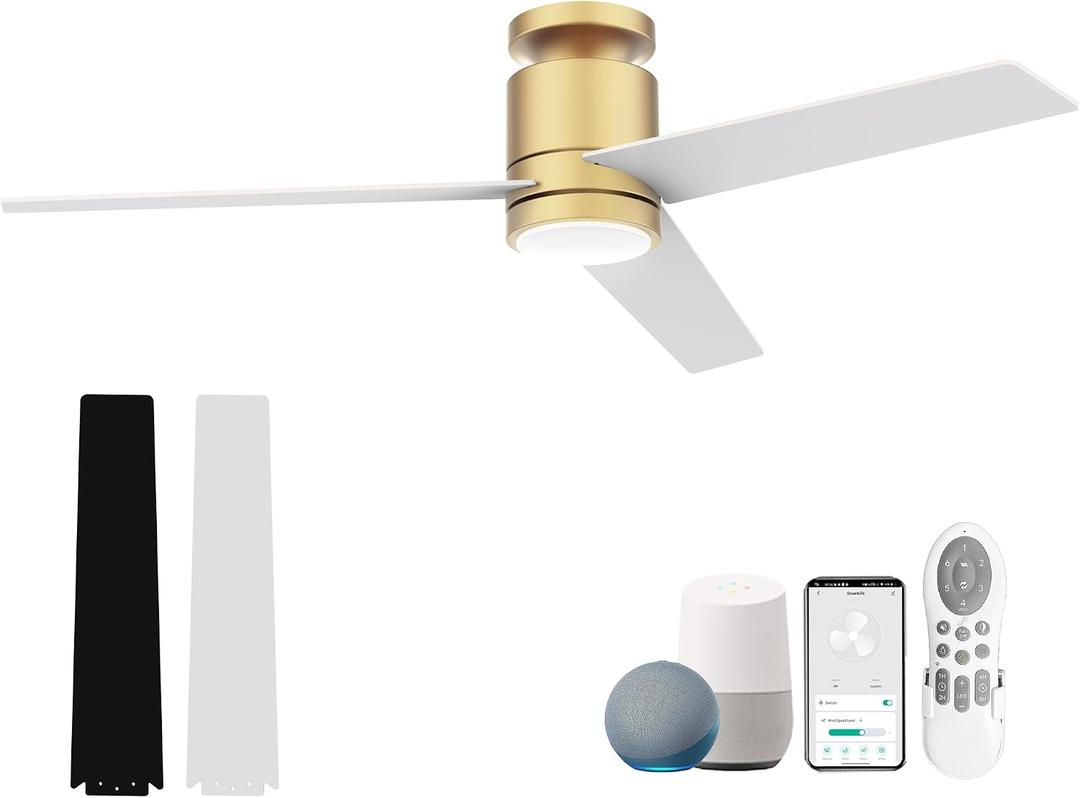 Lorpies 52 Smart Flush Mount Ceiling Fans with Lights Remote,Quiet DC Motor,Outdoor Indoor Low Profile Ceiling Fan,Voice Control via WiFi Alexa App,Modern Gold and White Black Fan for Bedroom Patio