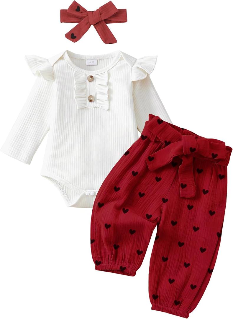 Newborn Baby Girl Clothes Ribbed Knit Romper Heart Daisy Print Pants for 0 3 6 12 18 24 Months Girl Outfits (Red)