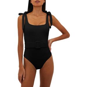 Saodimallsu Womens Sexy One Piece Bathing Suit High Cut Knit Square Neck Tied Strappy Swimsuit with Belt (Large, Black)