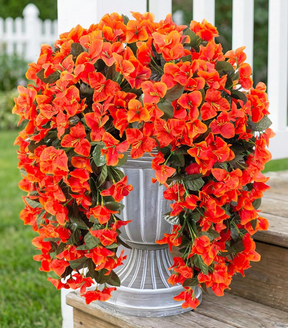 Bougainvillea Artificial Hanging Flowers Plants for Outdoors Decoration, 2pcs Fake Flowers Silk Bougainvillea Vines Realistic UV Resistant Faux Flowers for Outdoor Planters Porch Patio Gardens, Orange