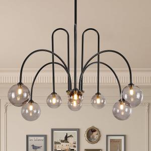 8 Lights Modern Sputnik Chandelier Large Luxury L41 Black Mid Century Smoke Glass Globe Ceiling Pendant Lighting Contemporary for Foyer Staircase Living Dining Room Kitchen