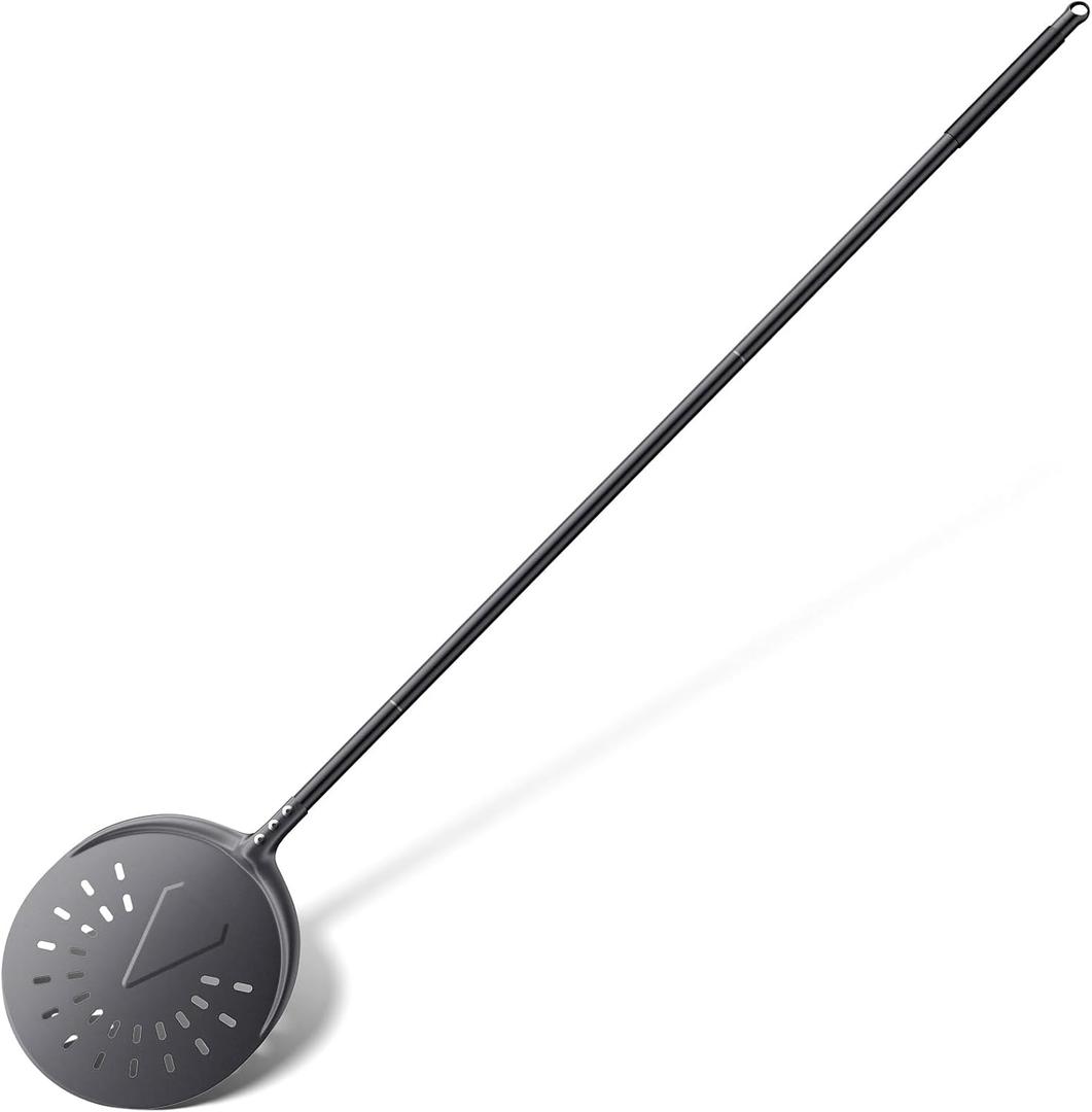 Turning Pizza Peel, 9 Inch Aluminum Perforated Peel with Detachable 33 or 48 Inch Long handle, Lightweight Pizza Paddle for Baking Homemade Pizza Bread