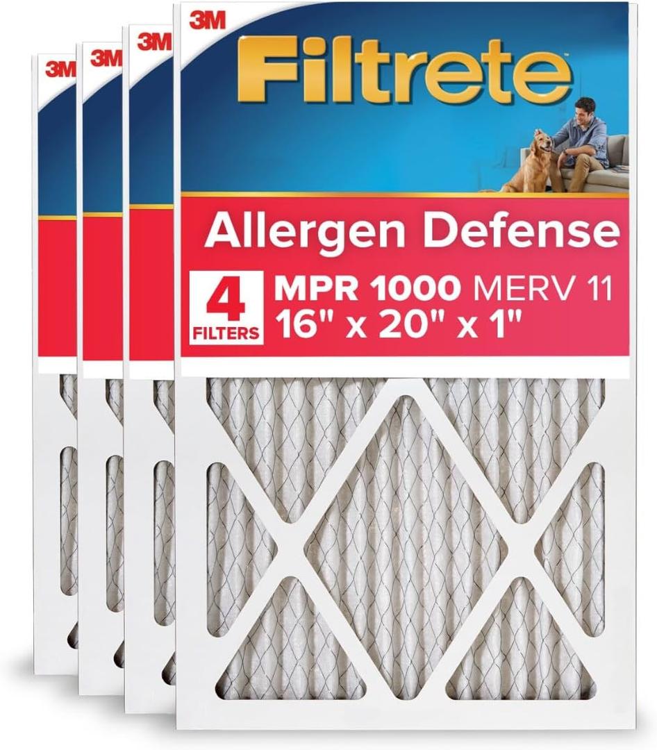Filtrete 16x20x1 AC Furnace Air Filter, MERV 11, MPR 1000, Micro Allergen Defense, 3-Month Pleated 1-Inch Electrostatic Air Cleaning Filter, 4 Pack (Actual Size 15.69 x 19.69 x 0.81 in)