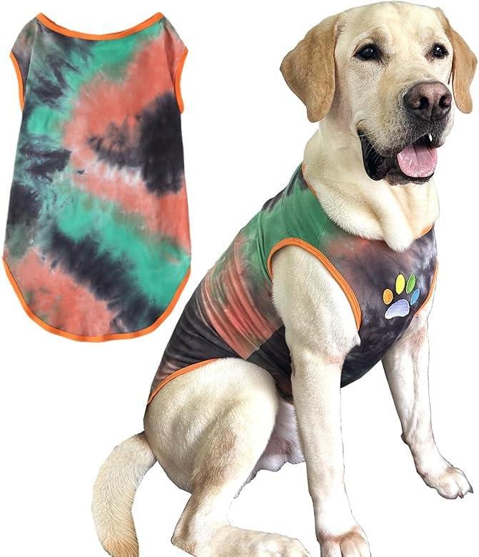 Summer Tie Dye Dog Clothes Cool Breathable Cotton T-Shirt Medium Large Dog Boys Girls Shirt(Green/Orange, Large)