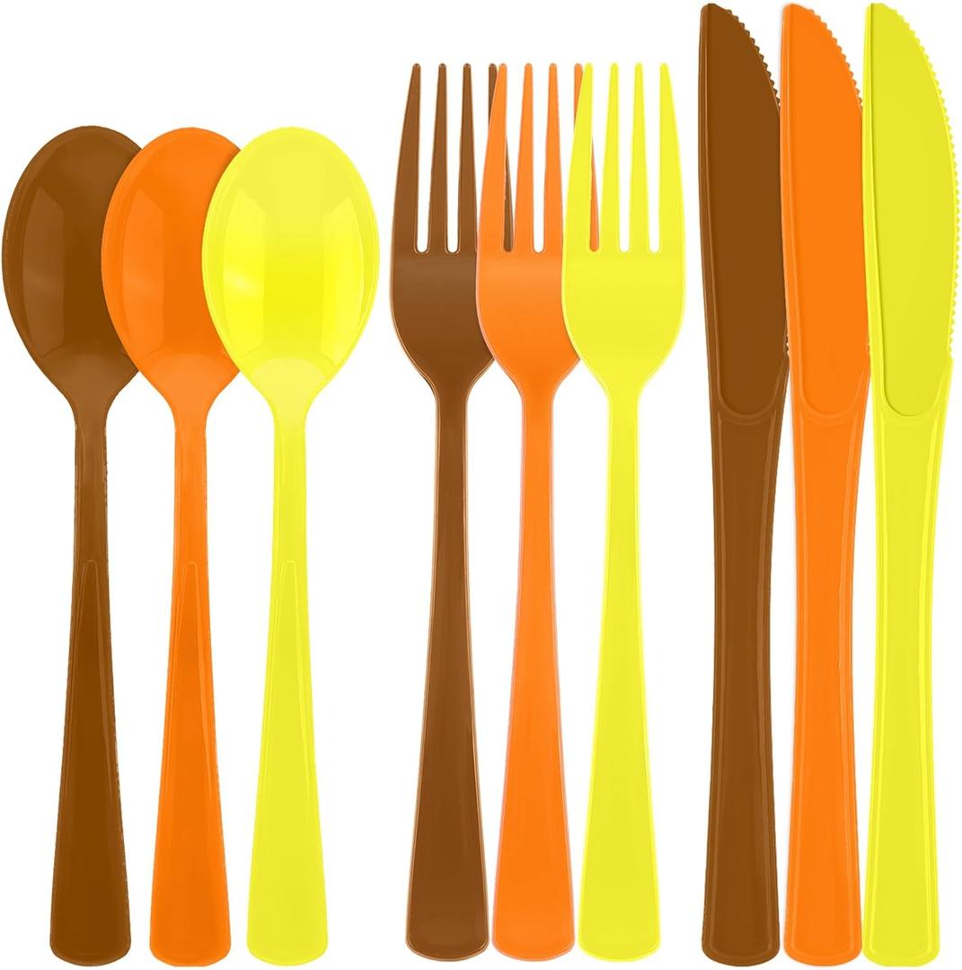Kochorie 300 Pieces Thanksgiving Plastic Silverware Fall Heavy Duty Utensils Set Heavyweight Disposable Flatware Includes Orange Yellow Brown Spoons Forks Knives for Thanksgiving Dinner Party Supplies