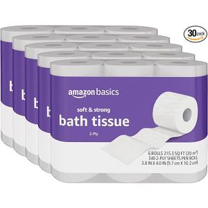 Amazon Basics Soft and Strong 2-Ply Toilet Paper, 30 Ultra Rolls = 120 Regular Rolls, Unscented, 340 Sheet (30 Rolls)