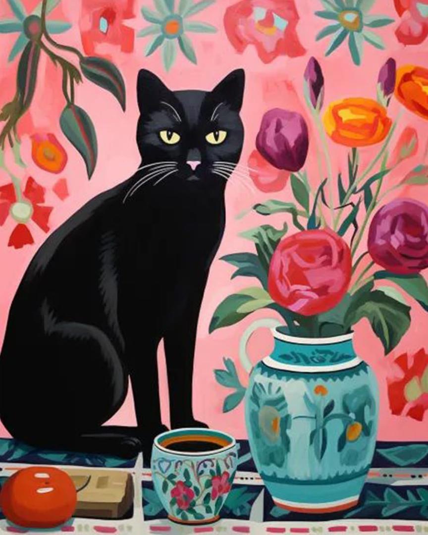Paint by Number Black Cat on Colotful Rug DIY Cute Floral Vase Painting on Canvas with Brushes Acrylic Paints Pink Paint by Numbers for Adults and Kids Student Beginner 16x20 Inchwithout Frame