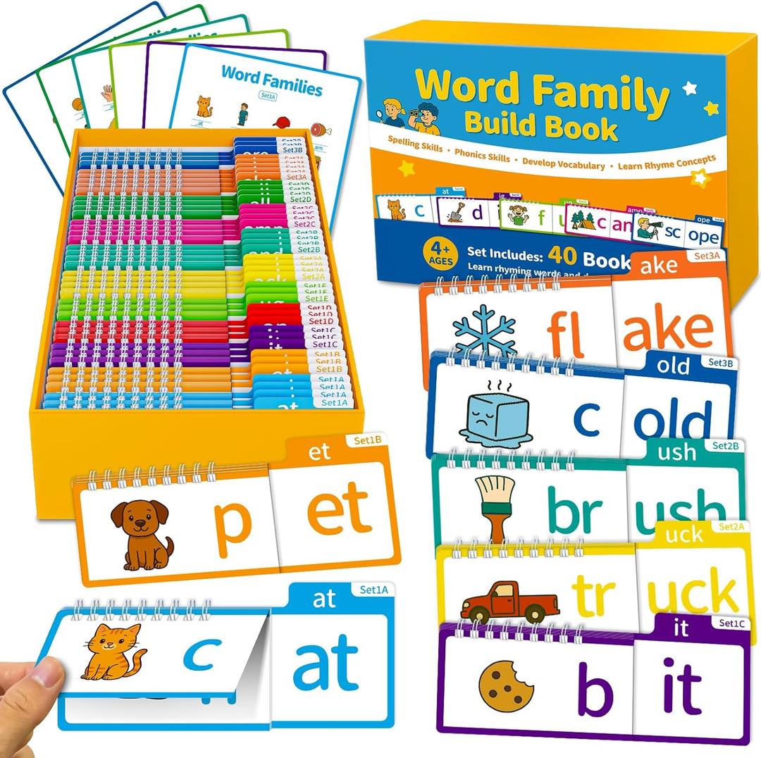 Phonics Flash Cards Word Family Build Book, 40 Read & Rhyme Flip Books, Learn to Read for Kids Ages 4-8, Engaging Educational Tools for Preschool-Kindergarten, Fun Sight Words & Phonics Games
