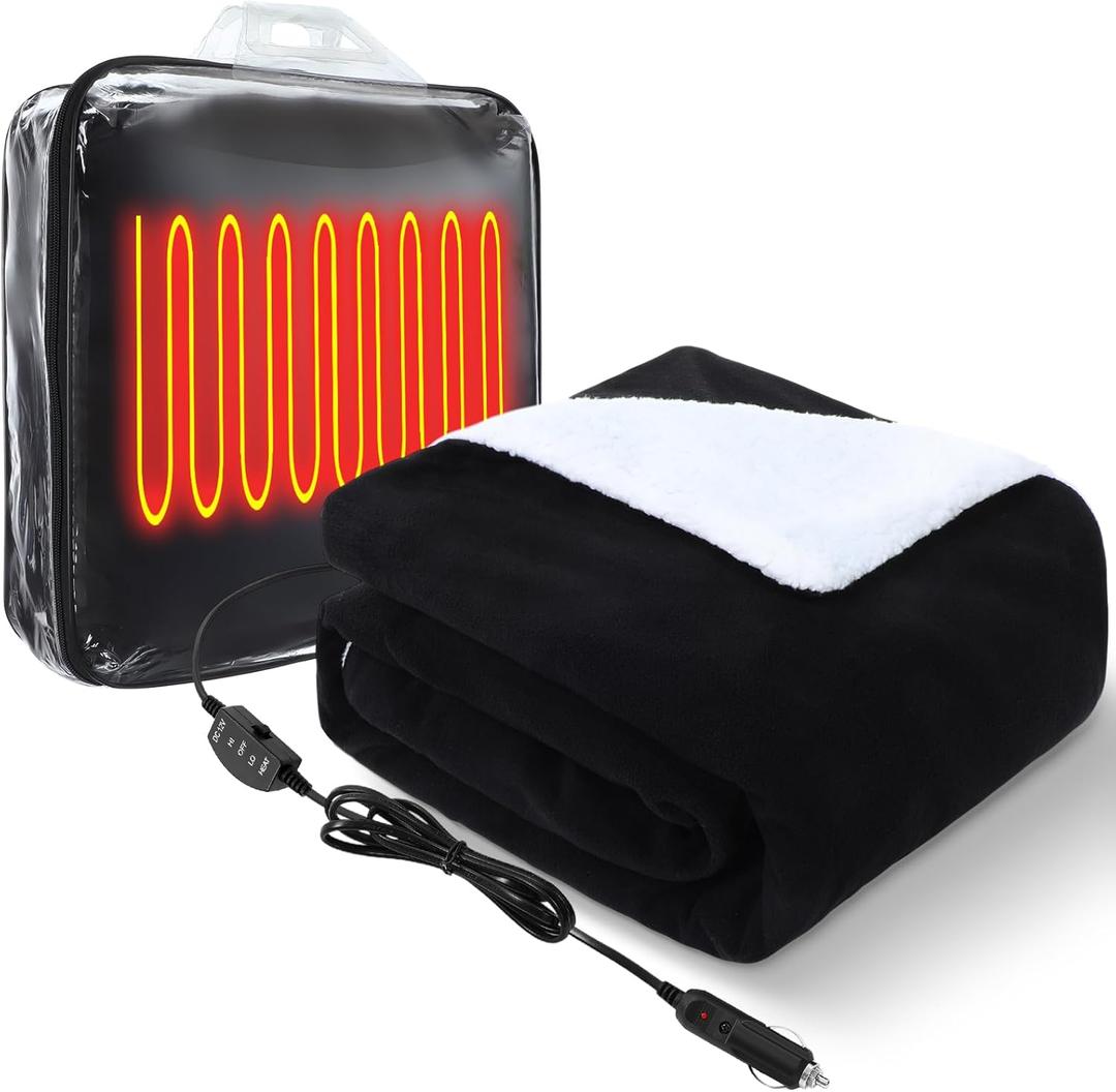 Riakrum 12v Heated Car Blanket 58" x 43", 3 Heating Level Electric Heated Blanket Portable Throw with Temperature Controller Cigarette Lighter Socket for Truck Winter, Solid