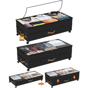 Under Bed Storage with Wheels 2-Pack, 75L XXL Under the Bed Storage Containers Large, 12" Tall Adjustable Storage for Underbed with Lids, Rolling for Shoes, Clothes, Blankets (Black)