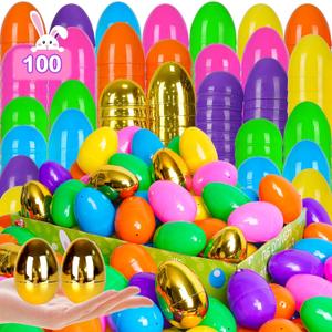 [6 Golden Eggs] 100 PCS 2.4" Fillable Plastic Easter Eggs Empty Easter Eggs Colorful Plastic Eggs Bulks for Kids Teens Boys Girls Easter Basket Stuffers Hunt Easter Party Favor