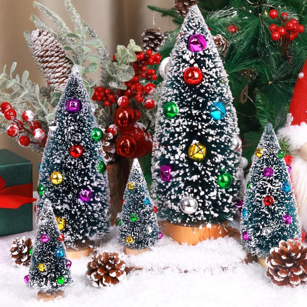 5 Pcs Artificial Mini Christmas Sisal Snow Frost Trees with Decorated Ball - Small Bottle Brush Trees Colorful Beads 5 Sizes for Christmas Decor Christmas Party Home Table Craft Decorations