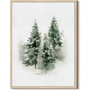 Vintage Three Green Pine Trees Framed Canvas Print Christmas Wall Art, 12x16 Winter Snowy Forest Holiday Nordic Painting Artwork, Rustic Scandinavian Living Room Bedroom Farmhouse Home Decor