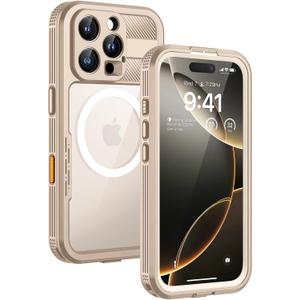 Lanhiem Magnetic for iPhone 16 Pro Case, IP68 Waterproof Dustproof Case, [Compatible with Magsafe] [Built-in Screen Protector] Full Body Heavy Duty Rugged Phone Cover 6.3 inch, Desert