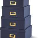 Eaasty Set of 4 Decorative Storage Boxes with Lids, Kraft Paper Boxes with Gold Label Holders, Decorative Photo Memory Keepsakes Storage, Cardboard Organizers for Home Decor, Office Organizing(Blue)