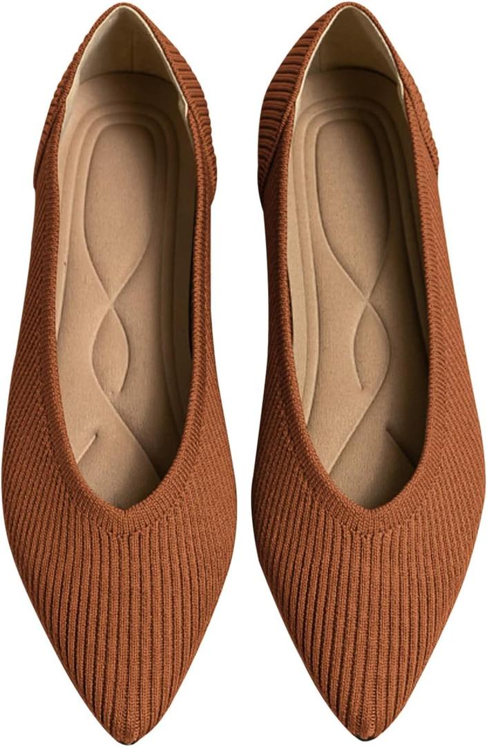 TINGRISE Women's Flats Shoes Pointed Toe Knit Ballet Comfortable Dressy Slip On Flat Brown US7