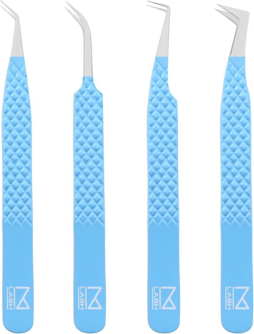 M LASH Tweezers for Eyelash Extensions (Set of 4) - Professional Lash Extension Tweezers - Fiber Tip, Japanese Steel, Diamond Grip Eyelash Extension Tweezer set (Teal)