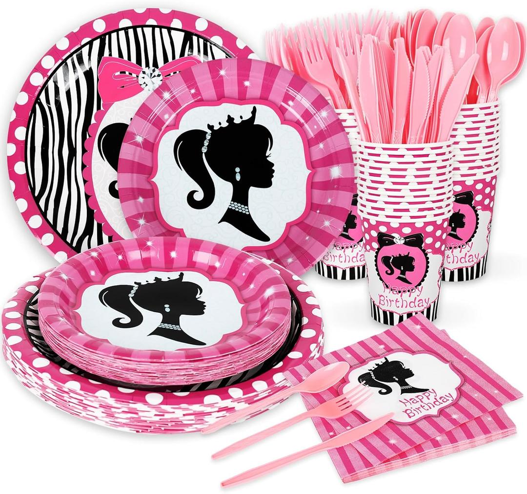 Hot Pink Girls Birthday Party Supplies 120pcs Disposable Princess Doll Paper Plates and Napkins for Party Decorations Cups Tablecloth for Boys Girl Birthday Decor, Serve 30