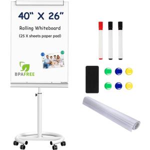 TSJ OFFICE Rolling Whiteboard Standing - 40 x 26 Inches Magnetic Mobile White Board with Stand, Height Adjustable Dry Erase Board on Wheels with Paper Clamp on Top, White