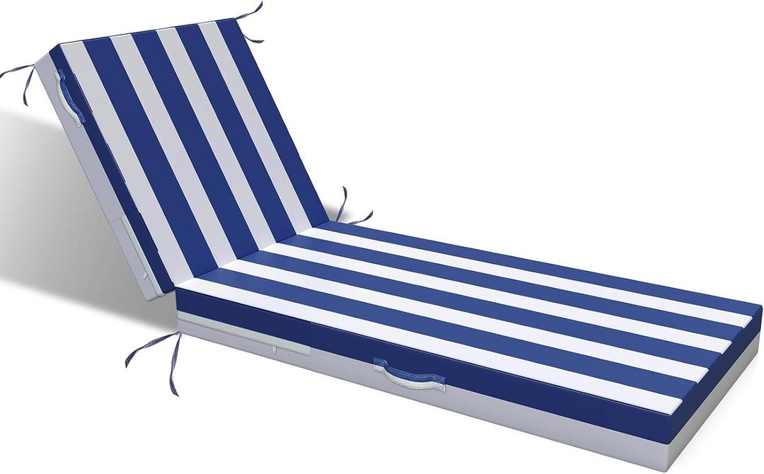 L'AGRATY Outdoor Lounge Chaise Cushion: 72x21x3 Inch Waterproof Lounge Chair Cushion for Outdoor Furniture with Fade Resistant Removable Cover - Patio Cushions for Pool Lawn(Navyblue White 1Pack)