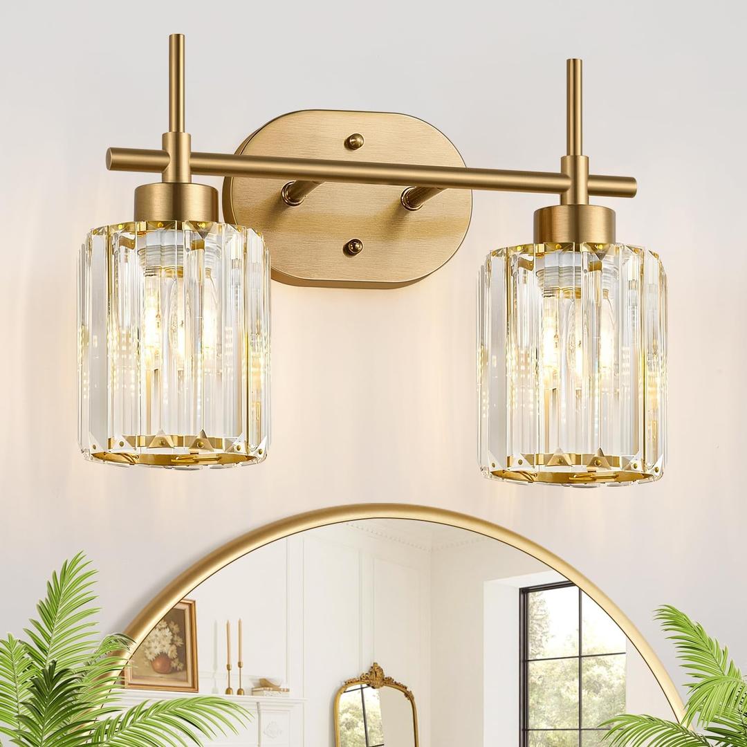 Modern Crystal Bathroom Vanity Light, 2-Light Brushed Gold Bathroom Light Fixtures with Clear Shades, Vanity Lighting Fixtures Over Mirror (Exclude Bulb)