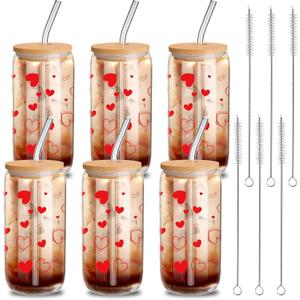6 Pcs Valentine Gifts Glass Cups with Lids and Straws 16 oz Hearts Iced Coffee Cups Drinking Heart Women Ladies Wife Gift Valentines Day Galentines Party Supplies Wedding Birthday (Red)