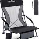 Homcosan Portable Low Folding Beach Chair - Lightweight Camping Chair for Adults with Cup Holder & Storage Pocket, Carry Bag Included (Black & Gray) (1 Pack)