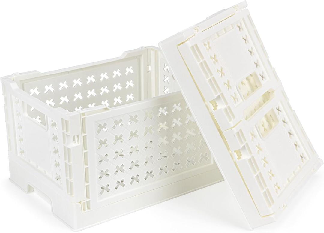 2-Pack Pastel Plastic Storage Crates, Foldable & Stackable Crates for Home, Office, Bathroom, 15.2 x 11.3 x 9 Inch Collapsible Organizers, White, Large