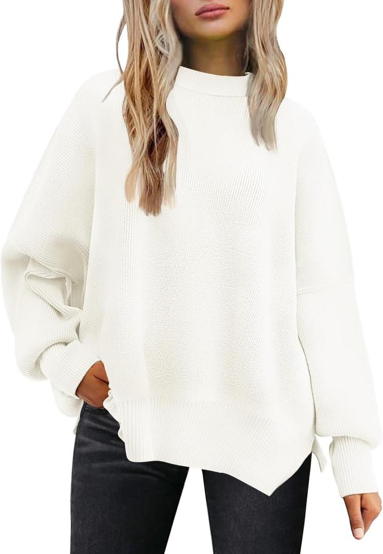LILLUSORY Women's Oversized Batwing Sweaters 2026 Fall Outfits Trendy Crewneck Knit Side Slit Fashion Pullover Tops (Medium, White)