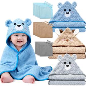 14 PCS Thicken Baby Towels Set, 3 PCS Soft Hooded Baby Towels & 11 PCS Washcloths, Baby Bath Towels for Newborns, Infants & Toddlers, Ultra Absorbent, Cute Baby Towel Gift for Boys (Blue + Brown + Gray)