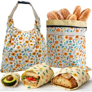 Beeswax Bread Bags 1713 Inch (2 Pack) with Zipper, and 3 Beeswax Wraps Reusable Cotton Bread Bags for Homemade Bread Storage and Freezing, Double Seal to Lock in Moisture