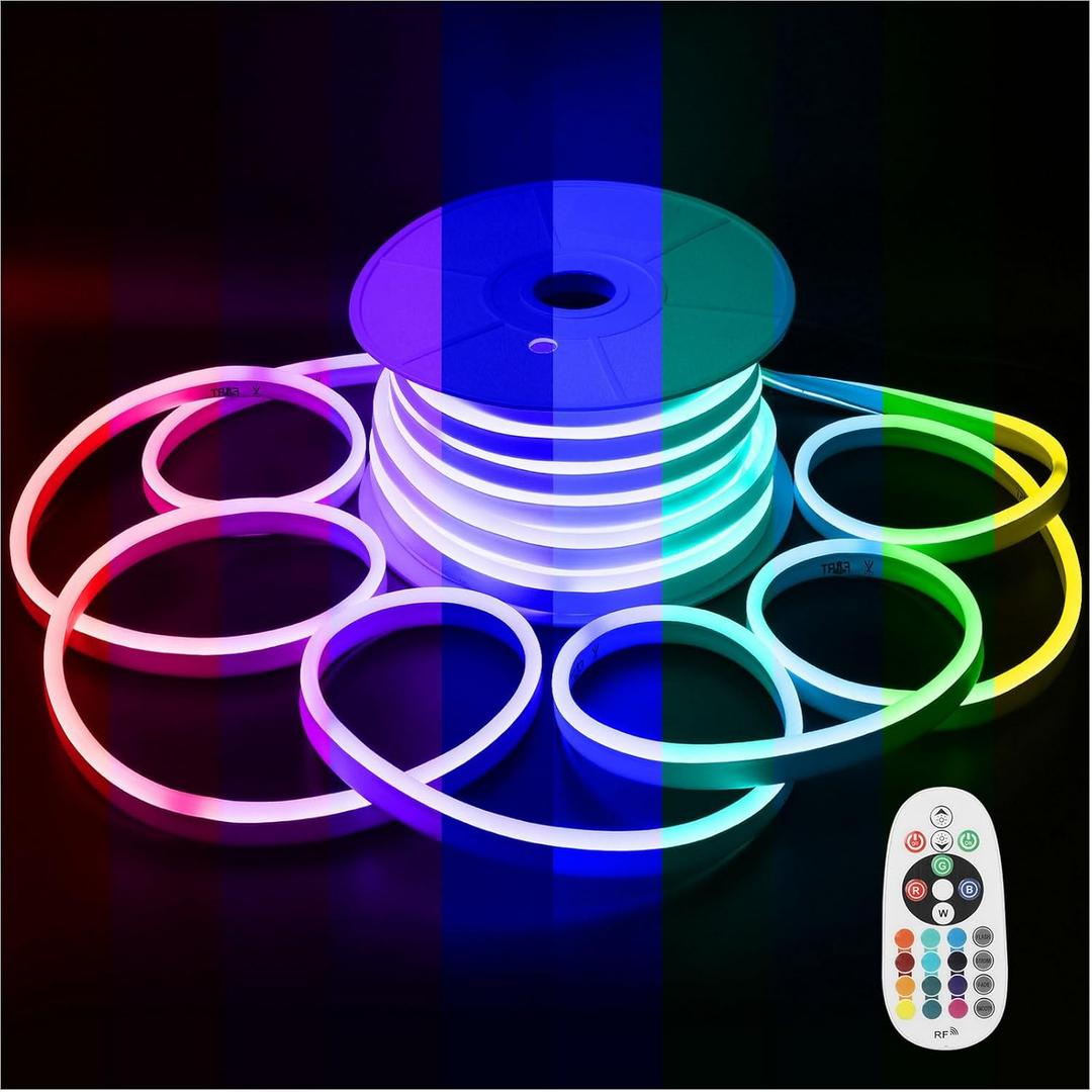 FORT AC110V 120V LED RGB Neon Rope Lights, 50FT Linkable Light Strip,144 led/M IP67 Waterproof, Multicolor Neon Strip Lighting with Remote Controller for Indoor Outdoor Home Commercial Decor ETL FCC (RGB (Red, Green, Blue))