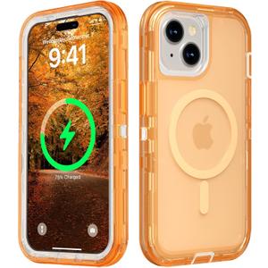 for iPhone 15 Plus Case, Compatible with MagSafe, Durable Dual Layer Transparent Magnetic Phone Cases, Heavy Duty Shockproof and Anti-Drop Protective Cover for iPhone 15 Plus, 6.7'', Orange