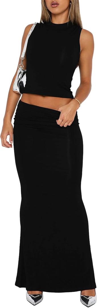 Skirt Sets Women 2 Piece Outfits - Sexy Two Pc Sleeveless Tank Crop Top Fold Over Maxi Long Skirts (Medium, Black) Skirt Sets Women 2 Piece Outfits - Sexy Two Pc Sleeveless Tank Crop Top Fold Over Maxi Long Skirts (Medium, Black)