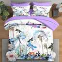 Pamnest Comforter Set Queen Size, Dragonfly Flower 7 Pcs Bedding for Kids and Adults, Purple Rose Hydrangea Bed Sheet Sets with Fitted Sheet 2 Pillowcases & 2 Shams for Bedroom Bed Decor