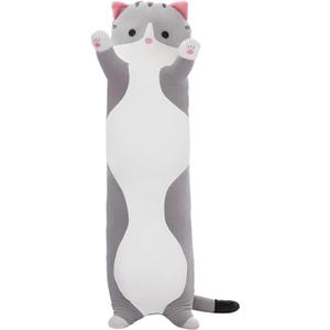 Cute Cat Plush Long Body Pillow Soft Cartoon Stuffed Animal Doll, Kawaii Cat Plushie Cuddle Toy for Kids, Girls & Girlfriend (Gray, 35.4 Inch)