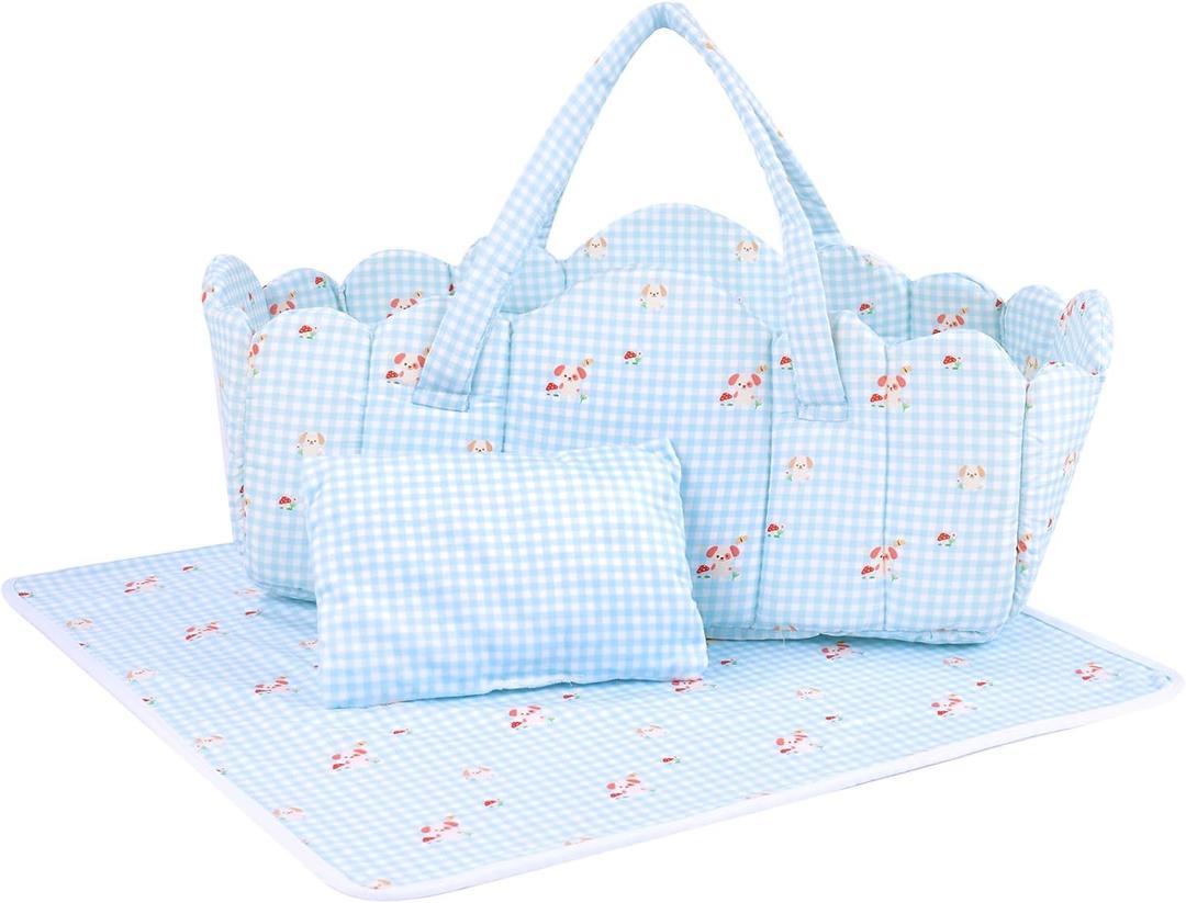 BABESIDE 3 Pcs Baby Doll Bassinet with Bedding Set for 17-22 Inch Babydolls, Cute Puppy Print Baby Dolls Crib Dolls Bed with Pillow Blanket for Reborn Baby Doll Accessories, Blue