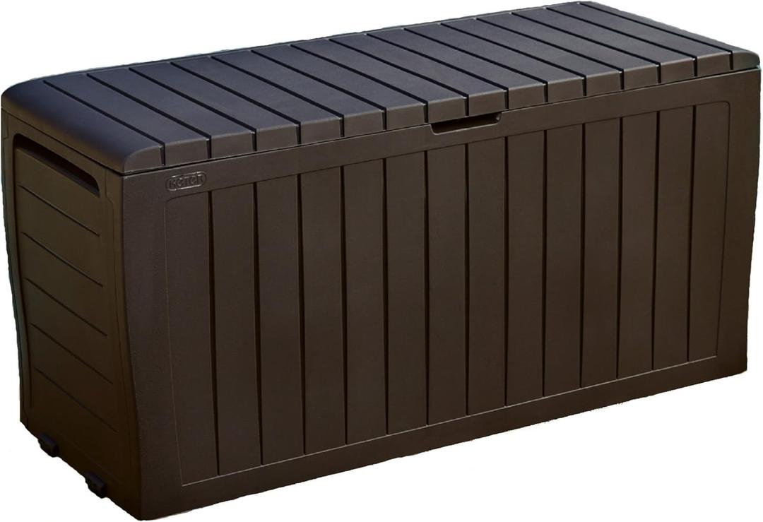 Keter Marvel Plus 71 Gallon Resin Outdoor Storage Box for Patio Furniture Cushions, Throw Pillows, Garden Tools and Pool Floats, Brown