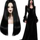 Gothic Long Straight Center Part Black Wig for Adult Women - Cute & Playful, Perfect for Halloween Cosplay