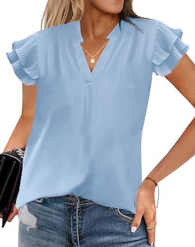 Baccarri Womens Summer Tops Dressy Casual Work Blouses V Neck Ruffle Short Sleeve Shirts Tunics 2024, Size: S