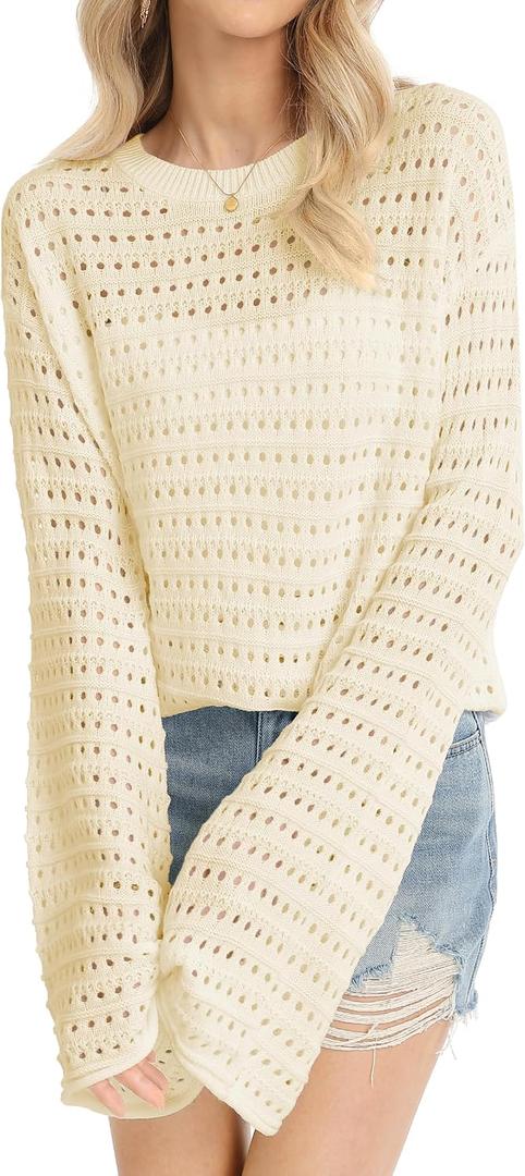 QUALFORT Women's Crochet Sweater, Hollow-Out Knit Long Sleeve Pullover (L)