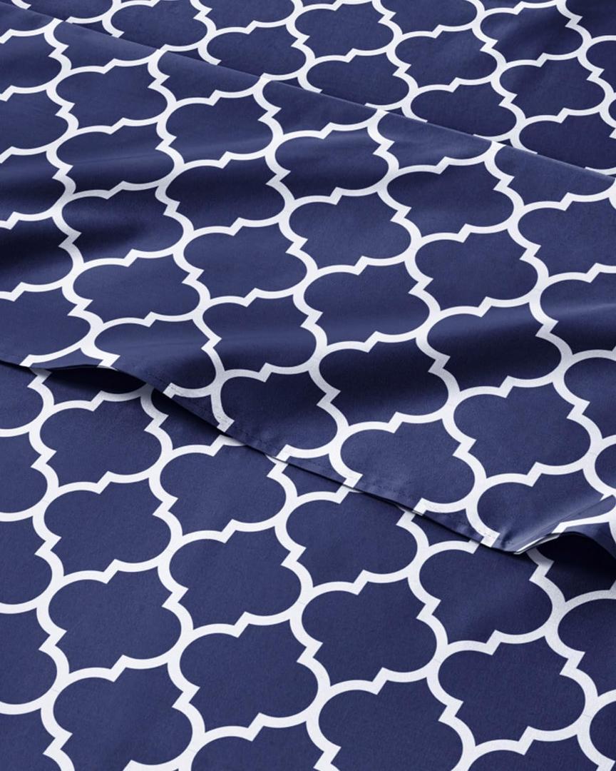 Blue Geometric Bed Sheets - 1 Flat & 1 Fitted Sheet & 2 Pillowcases w/ Deep Pockets  Wrinkle & Fade Free- Ultra-Soft, Breathable and Cooling - Luxury Moroccan Bed Set  Queen Size - Navy Quatrefoil