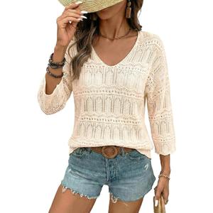 SHEWIN Womens Tops Casual V Neck Short Sleeve Sweater Lightweight Crochet Shirt Hollow Out Knit Summer Top Beach Vacation Cruise Outfits for Women 2026 Spring Clothes, US 4-6(S), Beige