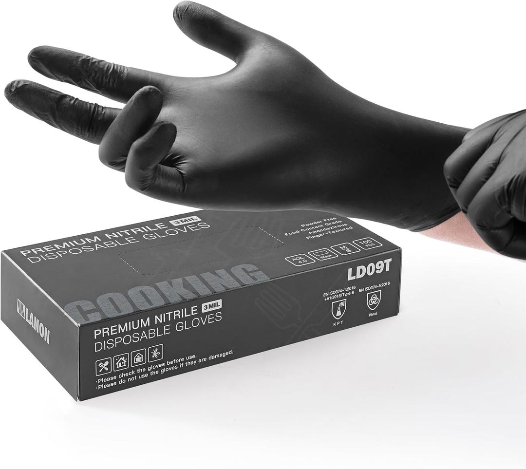 LANON Food Safe Disposable Nitrile Gloves, Latex-Free, Powder-Free, Silicone-Free, Textured Fingertips, Cooking, BlackSmall (Small (Pack of 100))